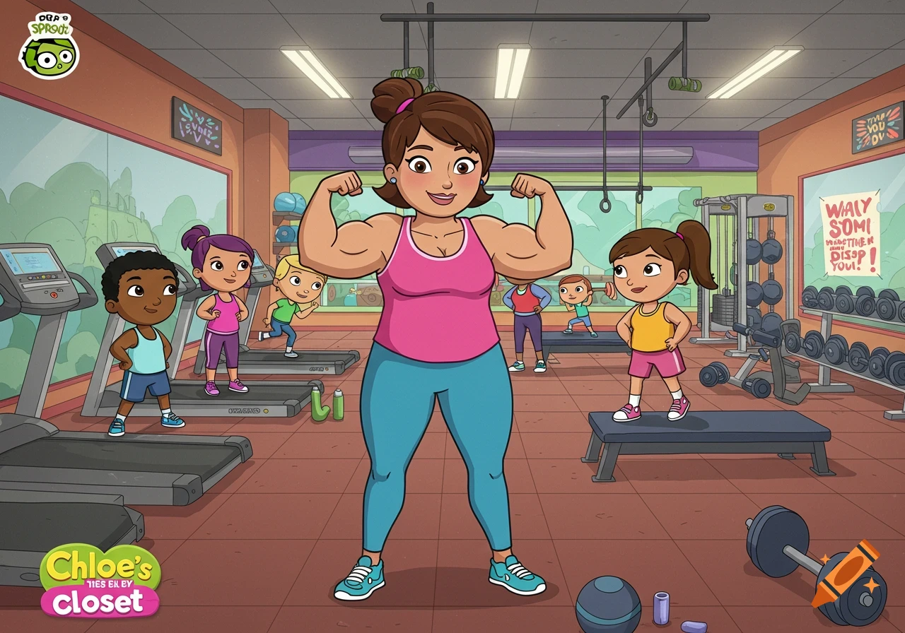 A muscular cartoon mom in a pink tank top and blue leggings flexes her biceps in a gym, surrounded by diverse children running on treadmills and exercising.