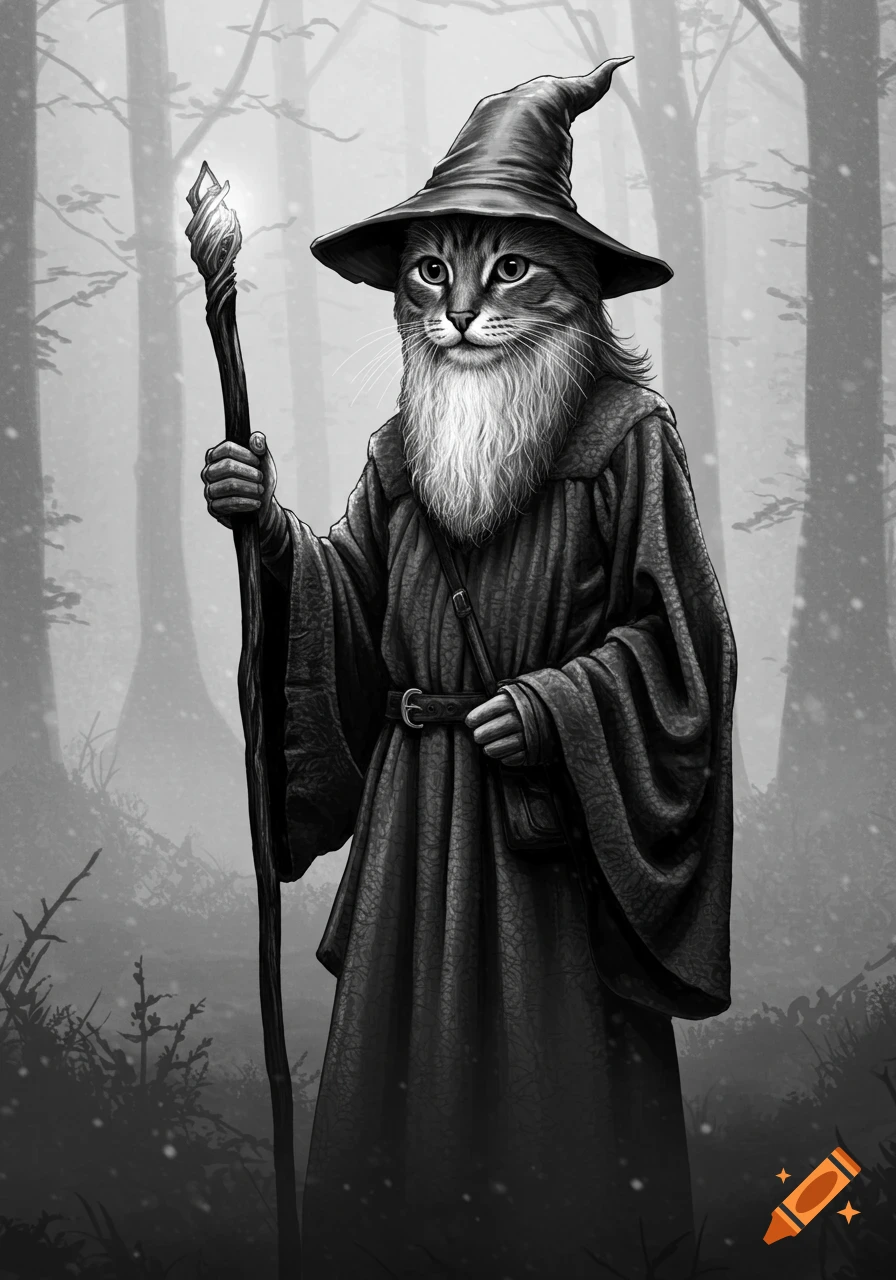 Black and white portrait of a wise cat wizard with a long beard and pointed hat, holding a glowing staff in a snowy forest.