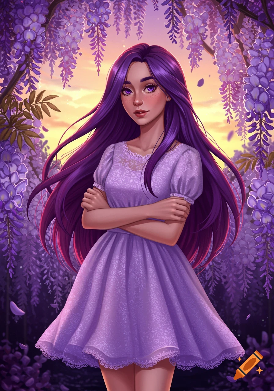 Anime art of a young woman with long purple hair and a purple dress, arms crossed, surrounded by vibrant purple wisteria flowers under a sunset sky.