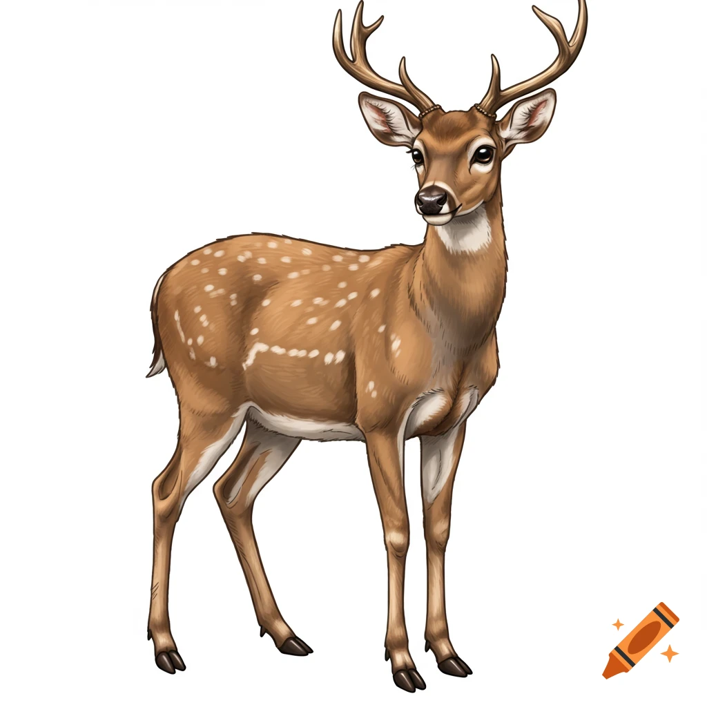 An illustration of a spotted brown deer with antlers, standing on a white background.