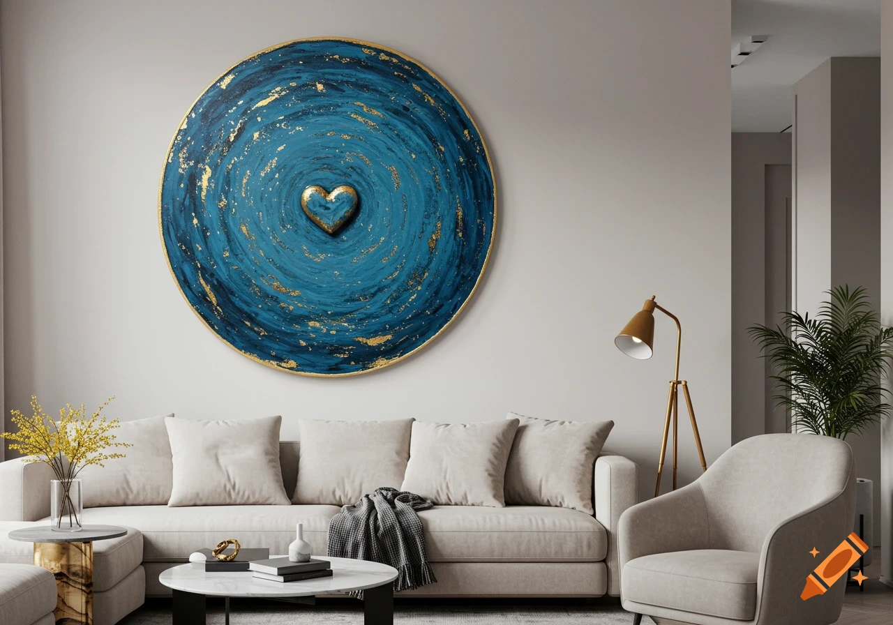 Modern living room with a large circular blue and gold abstract artwork featuring a central golden heart above a light sofa.