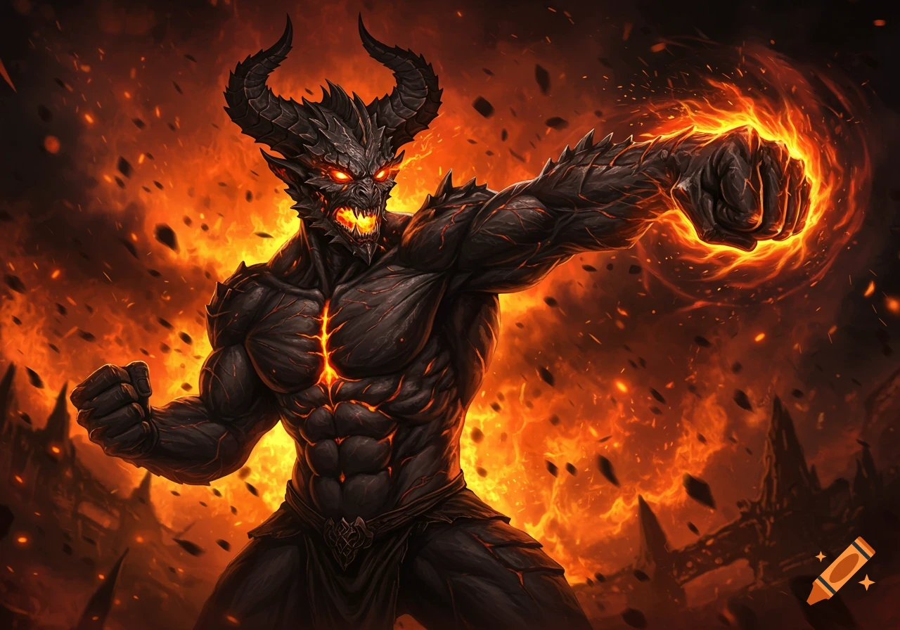 A muscular, horned demon with glowing red eyes, engulfed in flames, punches forward with a fiery fist.