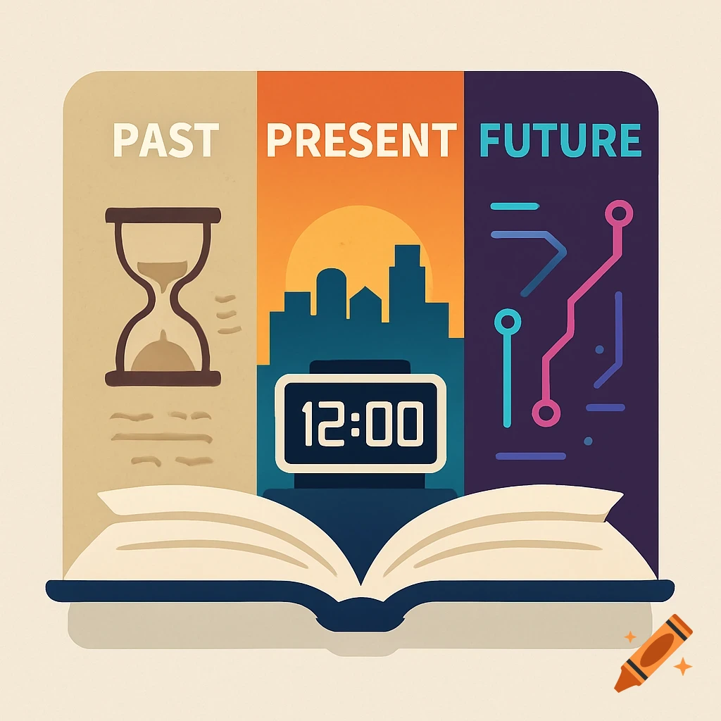 A stylized flat design illustration of an open book with three panels above. The left panel, labeled "PAST", shows an hourglass. The center panel, labeled "PRESENT", depicts a cityscape with a digital clock showing "12:00". The right panel, labeled "FUTURE", displays circuit board lines and dots.