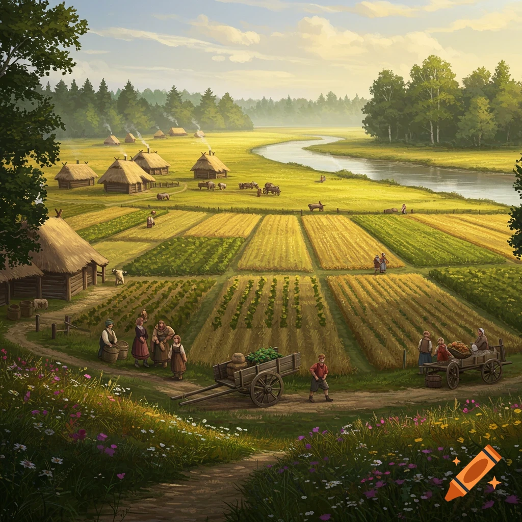 An illustrative view of an agrarian village with thatched-roof houses, people working in fields, a winding river, and a dense forest under a bright sky.