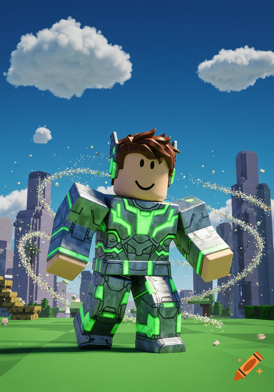 A Roblox avatar in a gray and neon green futuristic suit stands in a grassy field with a city skyline under a blue sky.