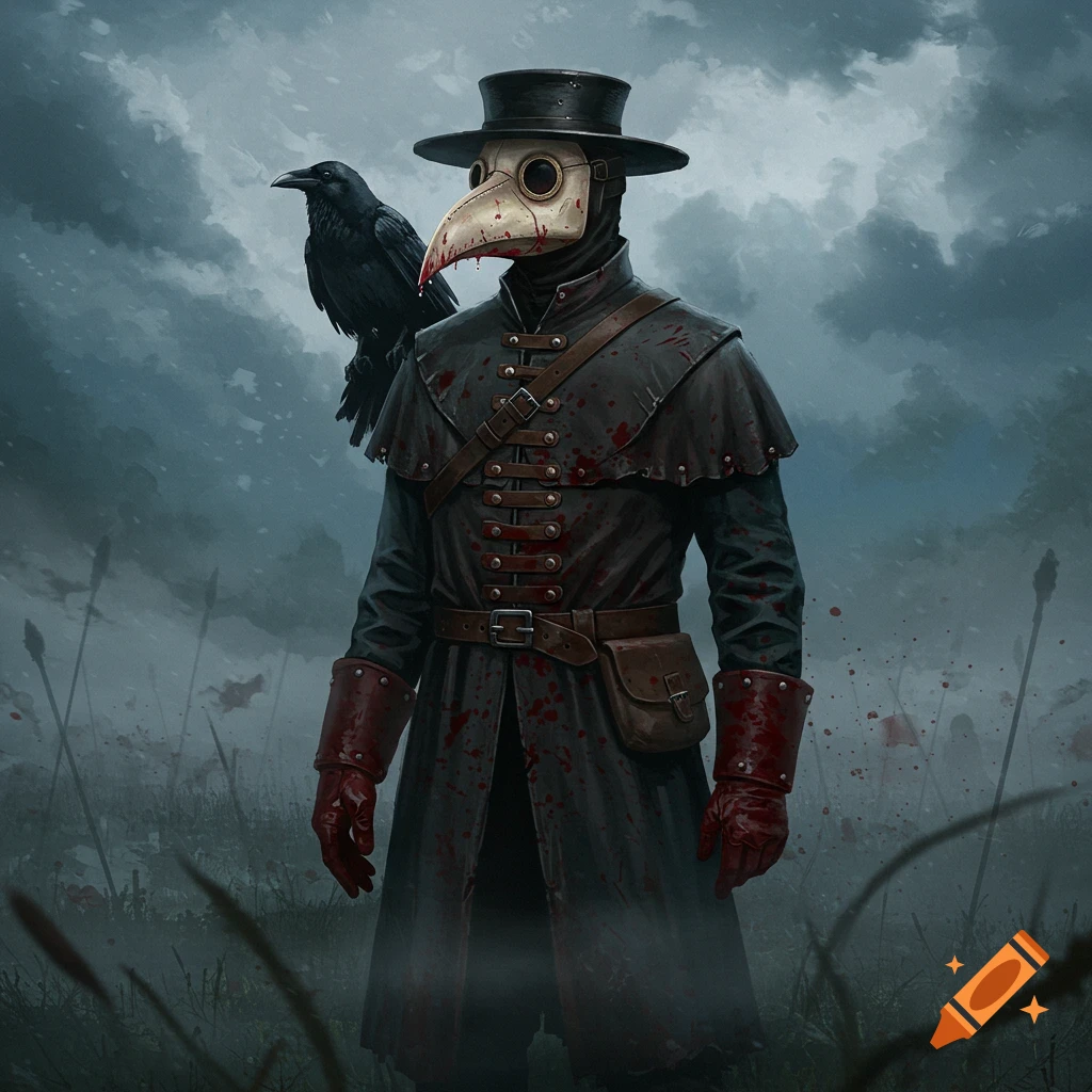 A grim plague doctor in a blood-spattered black coat and red gloves stands in a misty field with a crow on his shoulder.