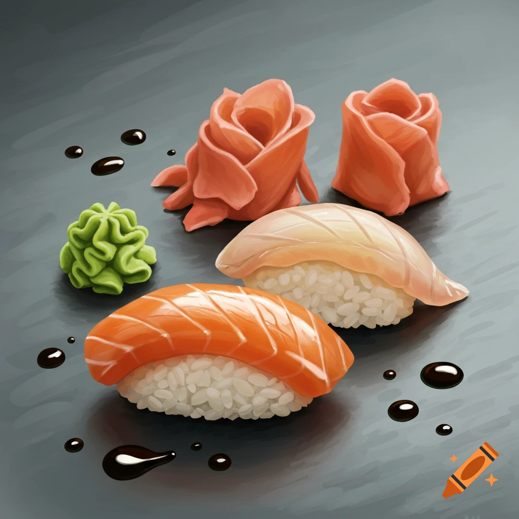 Two nigiri sushi pieces with salmon and white fish, rose-shaped ginger, wasabi, and soy sauce drops on a dark surface, digital art.