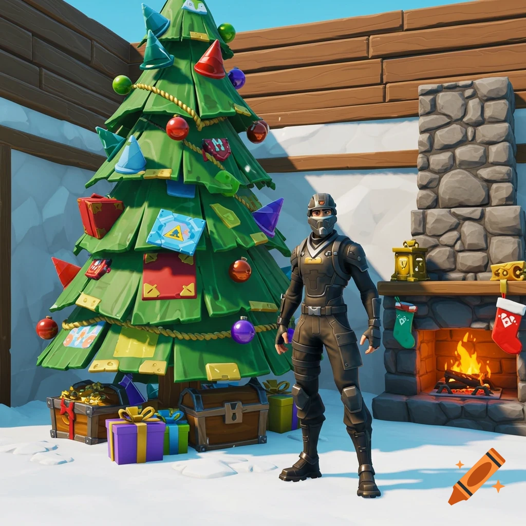 A Fortnite character stands beside a festive Christmas tree decorated with game-themed ornaments and presents, near a stone fireplace in a snowy room.