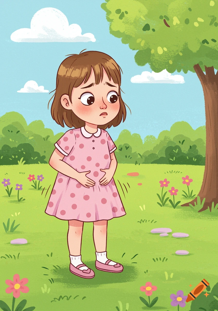 A sad cartoon girl in a pink polka dot dress holds her stomach in a grassy field with flowers.