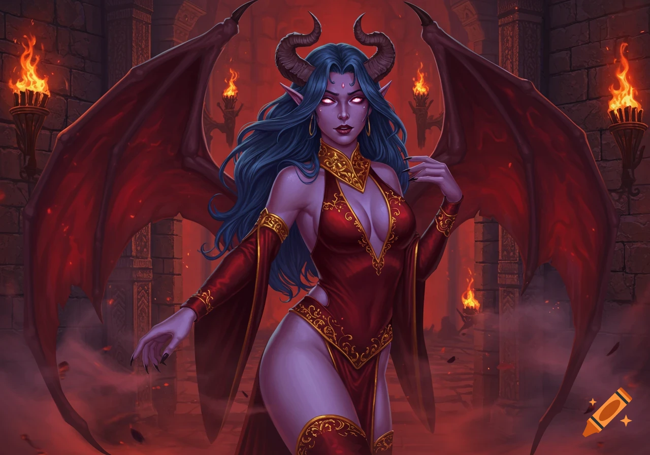 A purple-skinned succubus with blue hair, horns, glowing eyes, and red wings, in an ornate red and gold dress, stands in a fiery dungeon. Fantasy illustration.