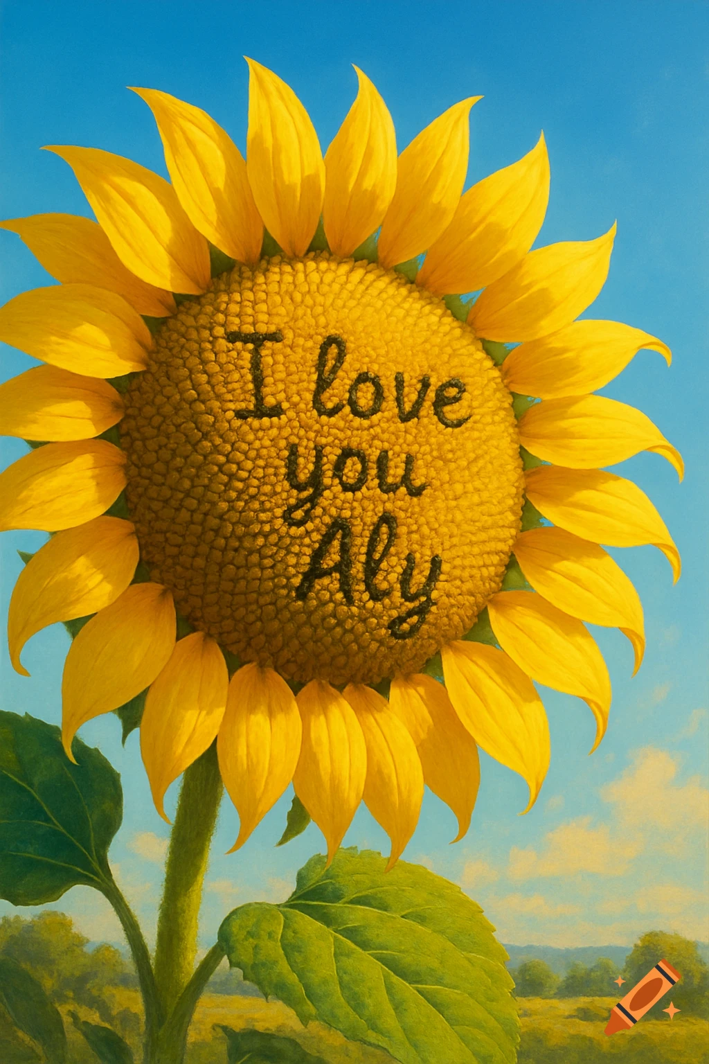 A large sunflower with the words 'I love you Aly' formed by missing seeds in its center, against a bright blue sky.