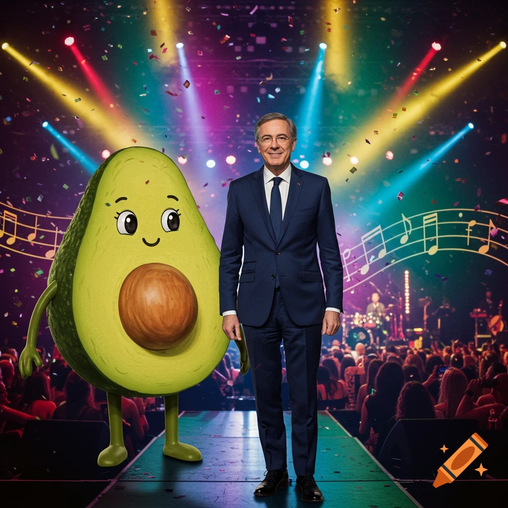 A man in a suit stands next to a smiling cartoon avocado on a confetti-strewn concert stage with colorful spotlights.