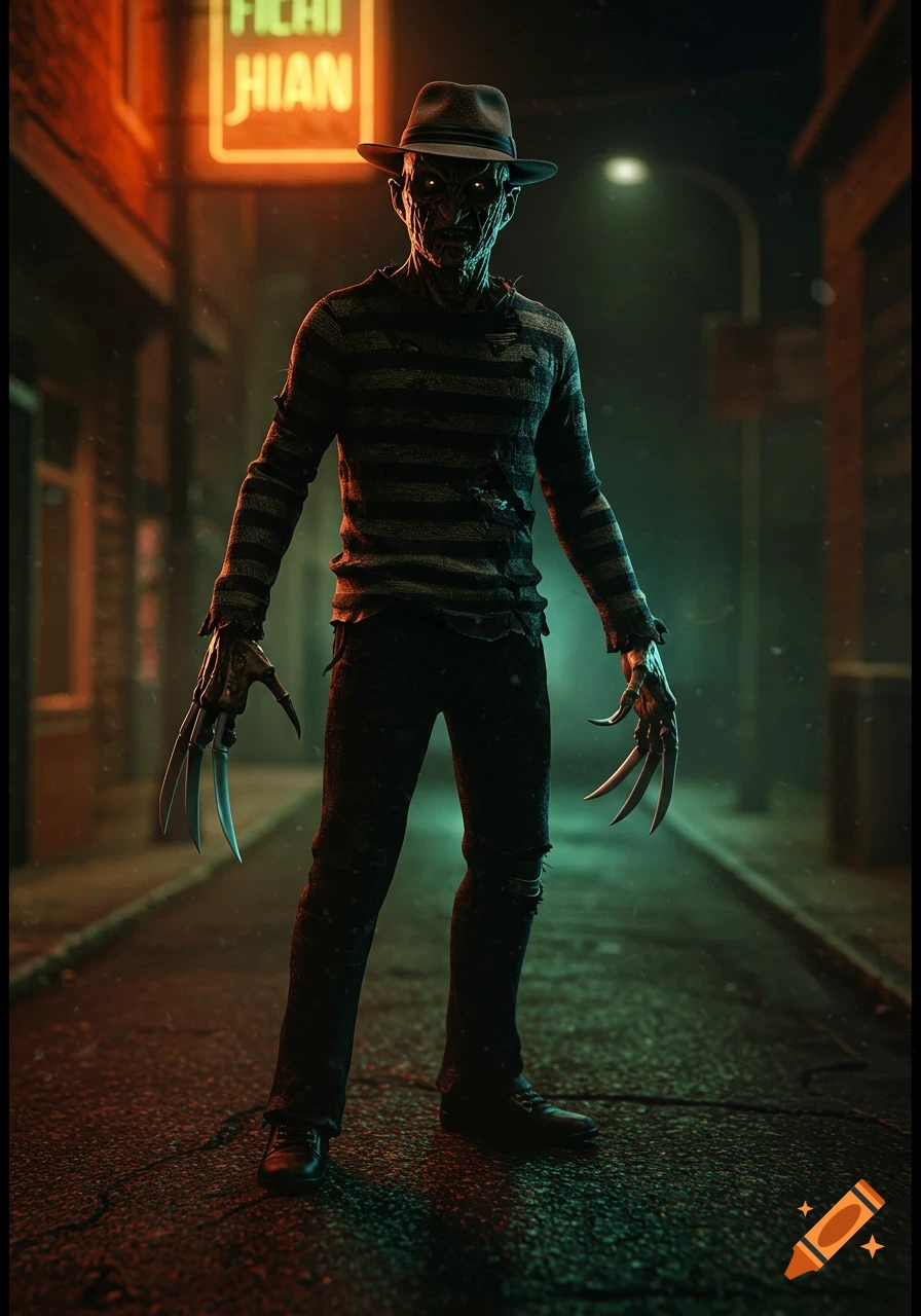 Freddy Krueger in a dark, neon-lit alley, wearing his fedora, striped sweater, and clawed glove.