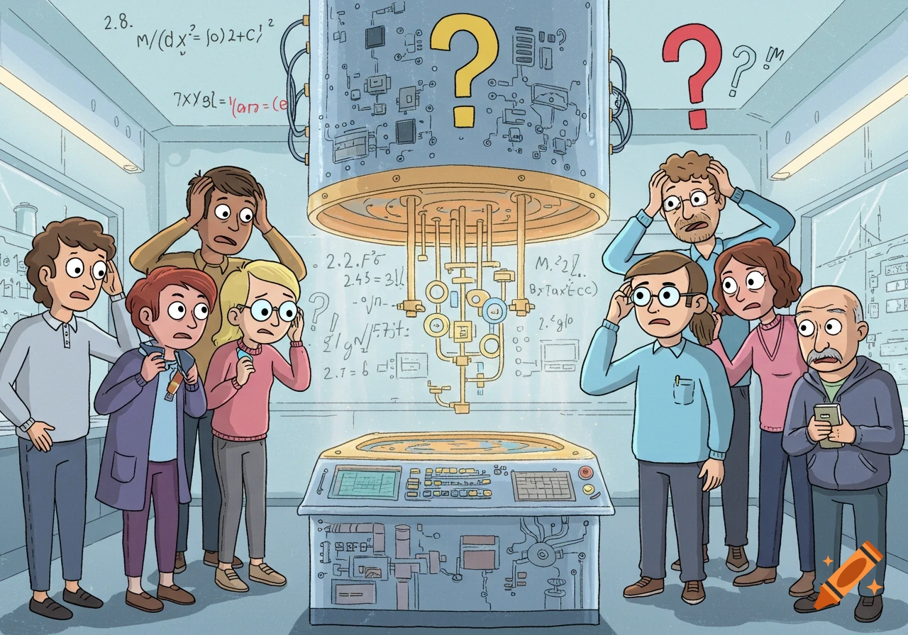 Puzzled cartoon scientists in a lab look at a large quantum computer covered in equations and question marks.