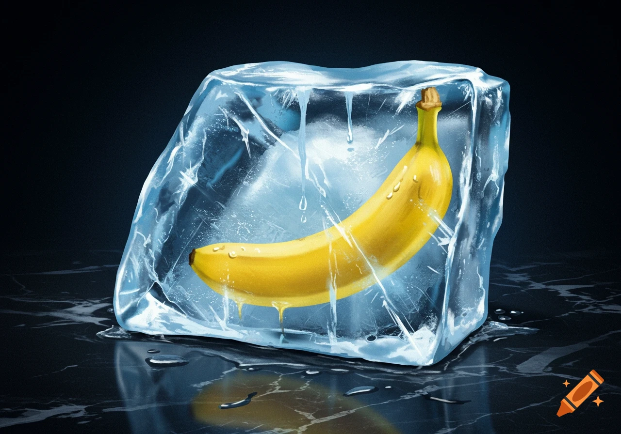 A ripe yellow banana frozen inside a large block of ice, with water droplets on a dark, reflective surface.