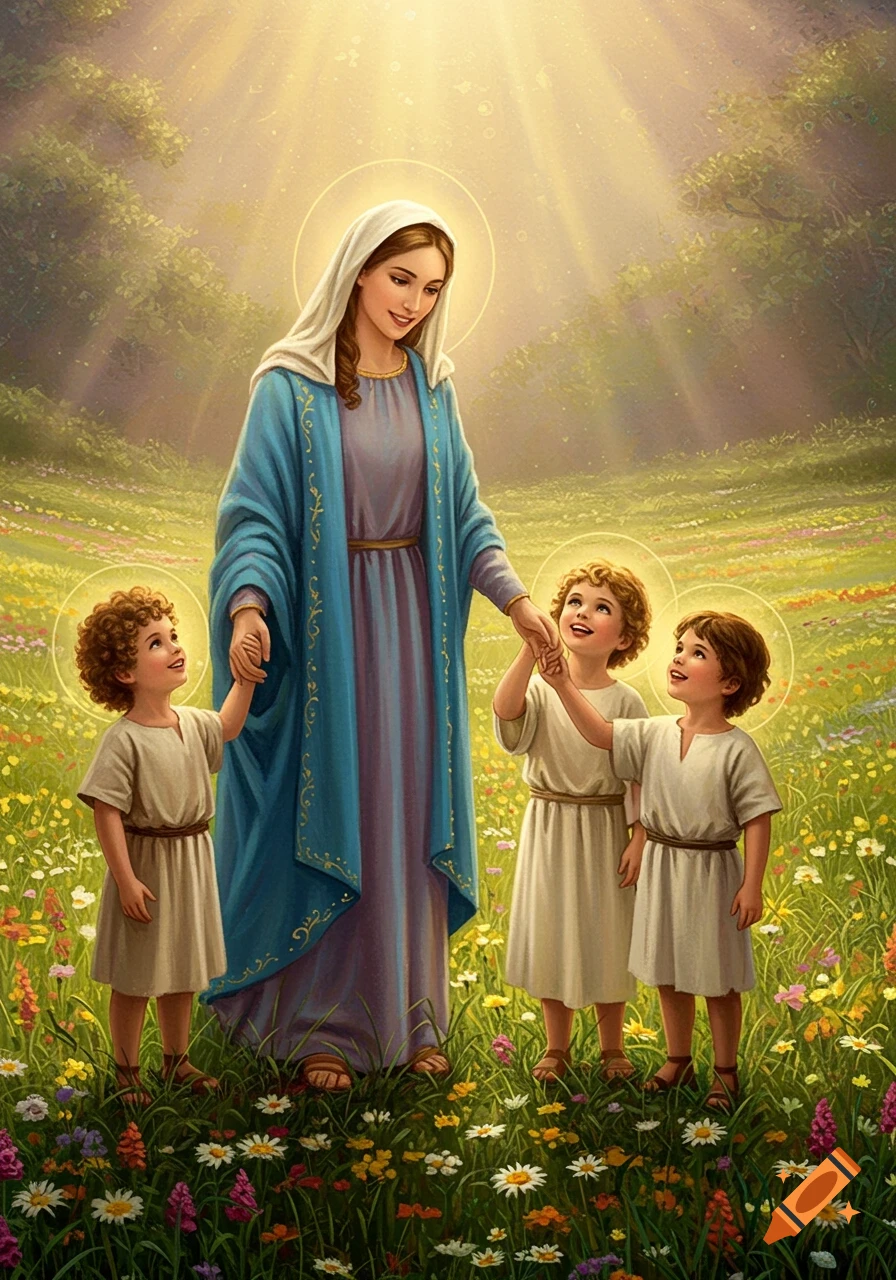 Painting of Mother Mary in blue and white robes holding hands with three smiling children in a sunny, flower-filled field.