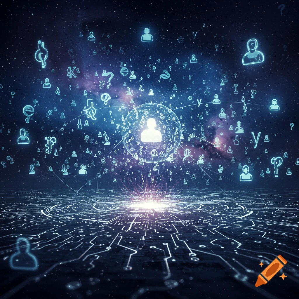 Digital network visual with glowing user icons, symbols, and circuit board patterns against a starry, cosmic background.
