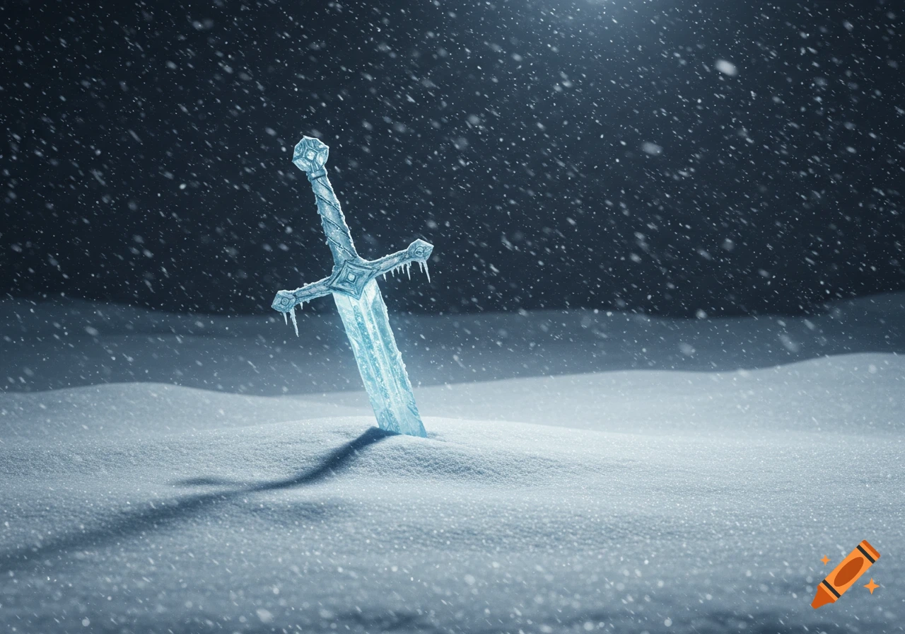 An icy, glowing sword stuck vertically in a snowdrift during a nighttime blizzard.