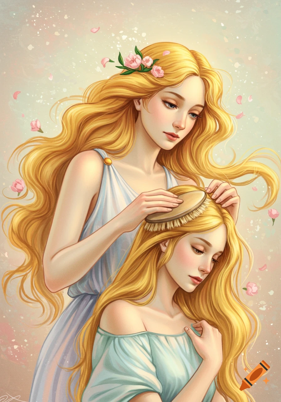 Illustration of a goddess with long blonde hair brushing another woman's hair in a serene, pastel setting with falling flower petals.