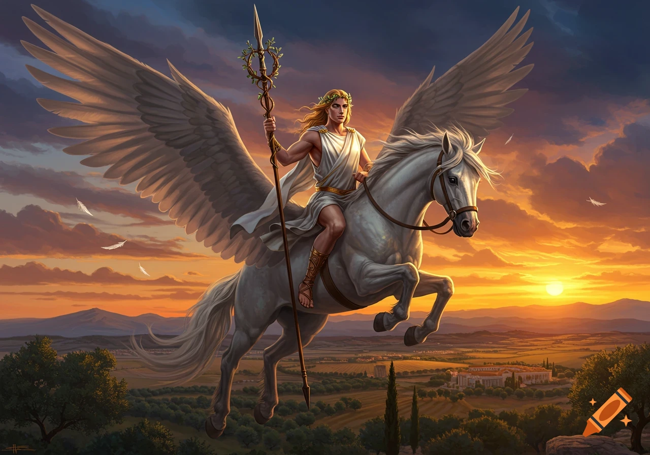 A majestic Greek god rides a winged white Pegasus over a serene classical landscape at sunset, detailed digital art.