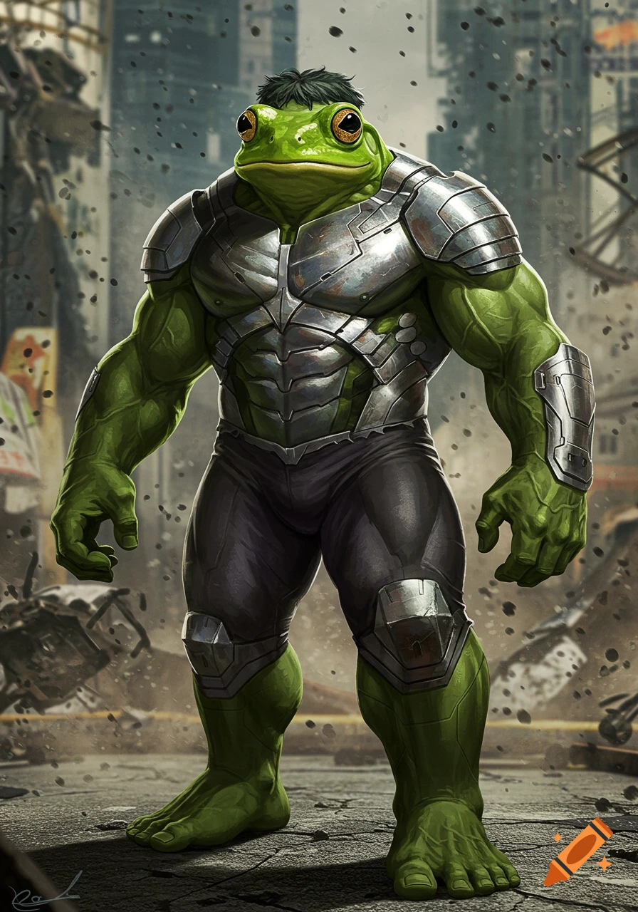 A muscular green humanoid with a frog head and steel armor stands amidst a damaged city in a detailed, comic art style.
