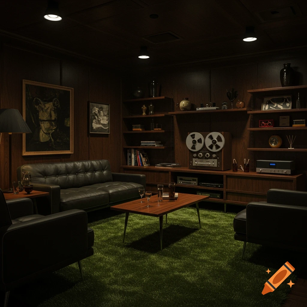 A moody, dark 1960s den with wood-paneled walls, a dark leather sofa, green shag carpet, and shelves filled with vintage audio equipment and decor.