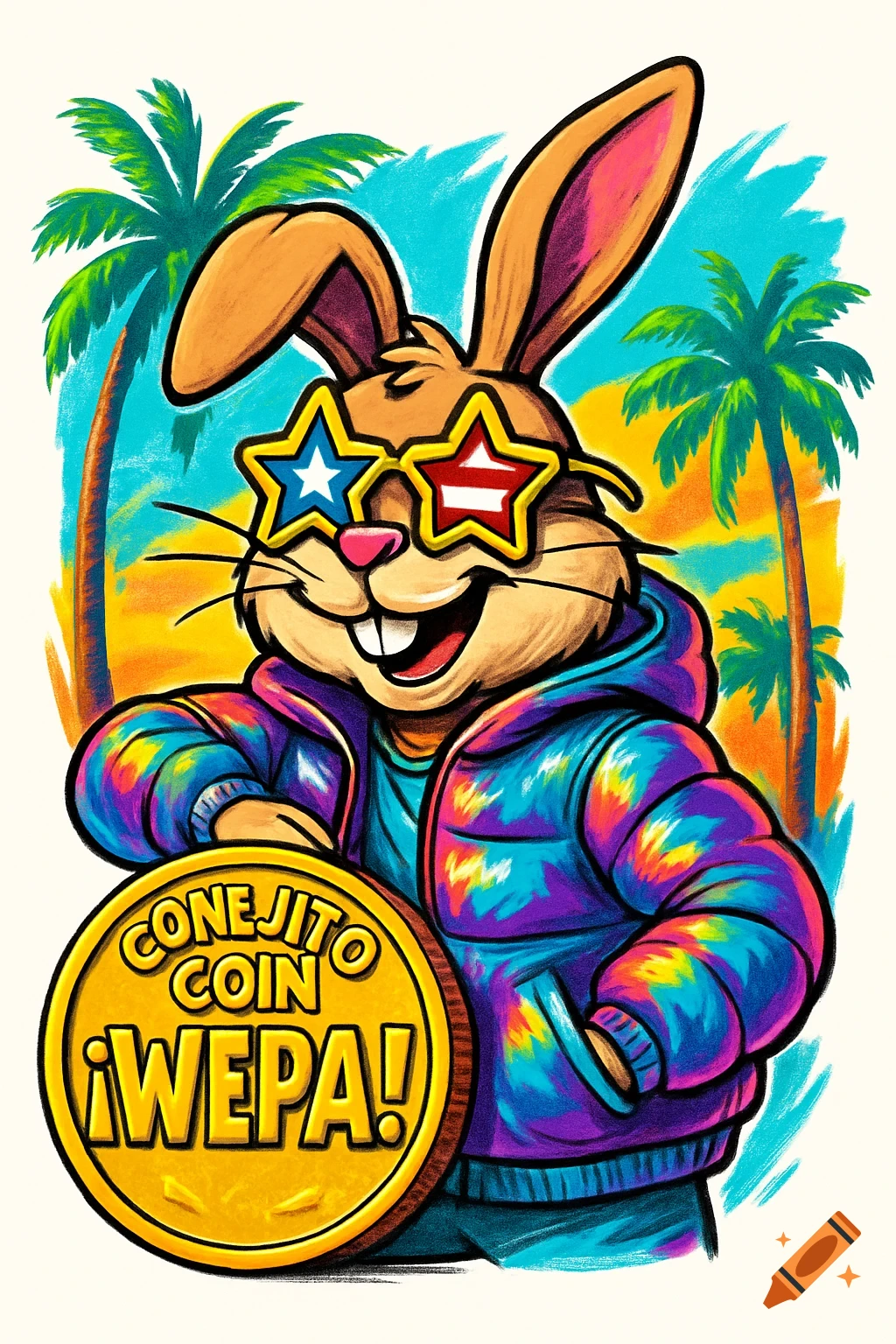 Vibrant digital art of a cool cartoon rabbit in star sunglasses and a puffer jacket, leaning on a golden 'CONEJITO COIN' with palm trees in the background.
