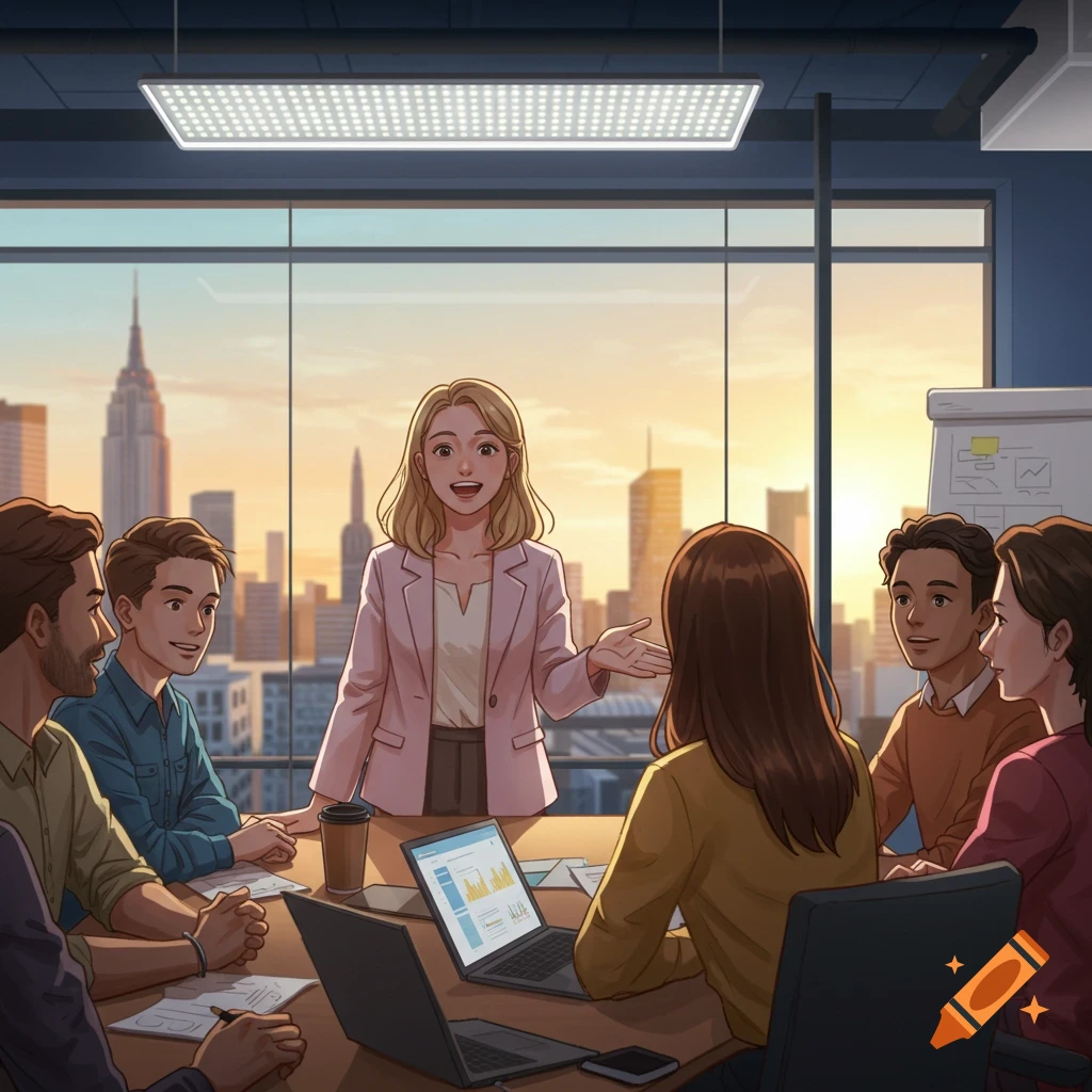 Anime-style illustration of a woman leading a business meeting in an office with a cityscape view at sunset.