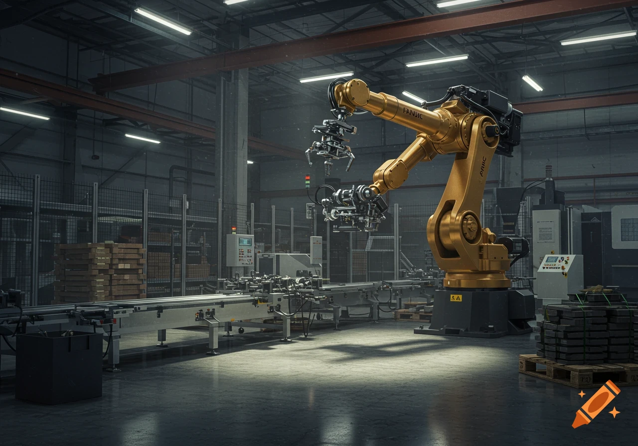 A large golden robotic arm stands over a conveyor belt in a well-lit industrial factory, moving parts.