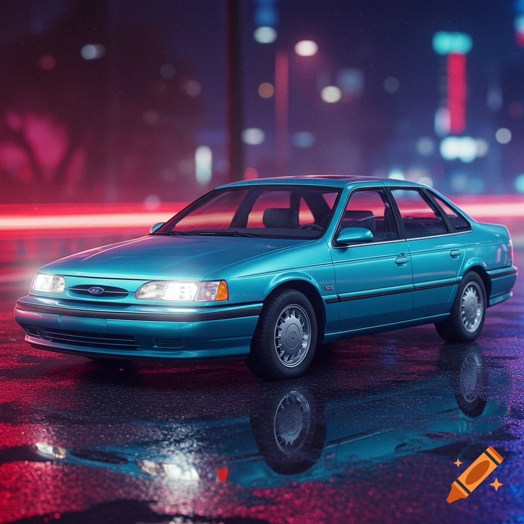 A teal Ford Taurus car on a wet city street at night, illuminated by red and blue neon lights with reflections.