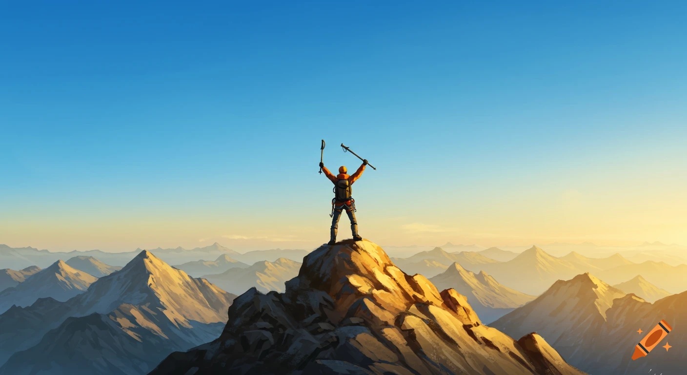 A triumphant mountain climber stands on a golden summit with arms raised, overlooking mountains at sunrise. Digital painting.
