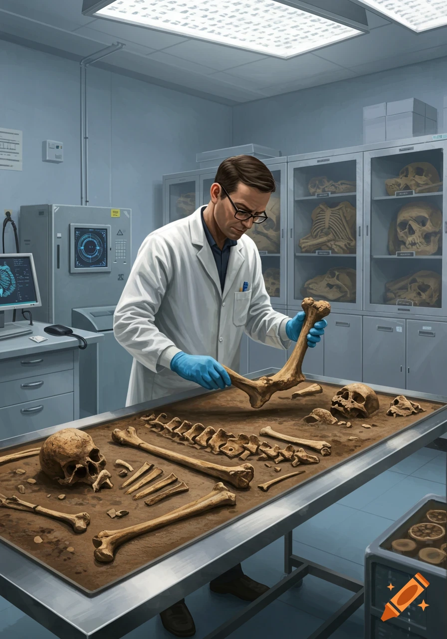 A male forensic anthropologist examines human bones on a table in a laboratory, with skulls and skeletons on shelves.