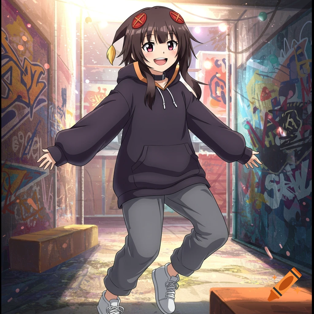 Megumin in a black hoodie, gray sweatpants, and white sneakers, smiling in a graffiti-covered alley.