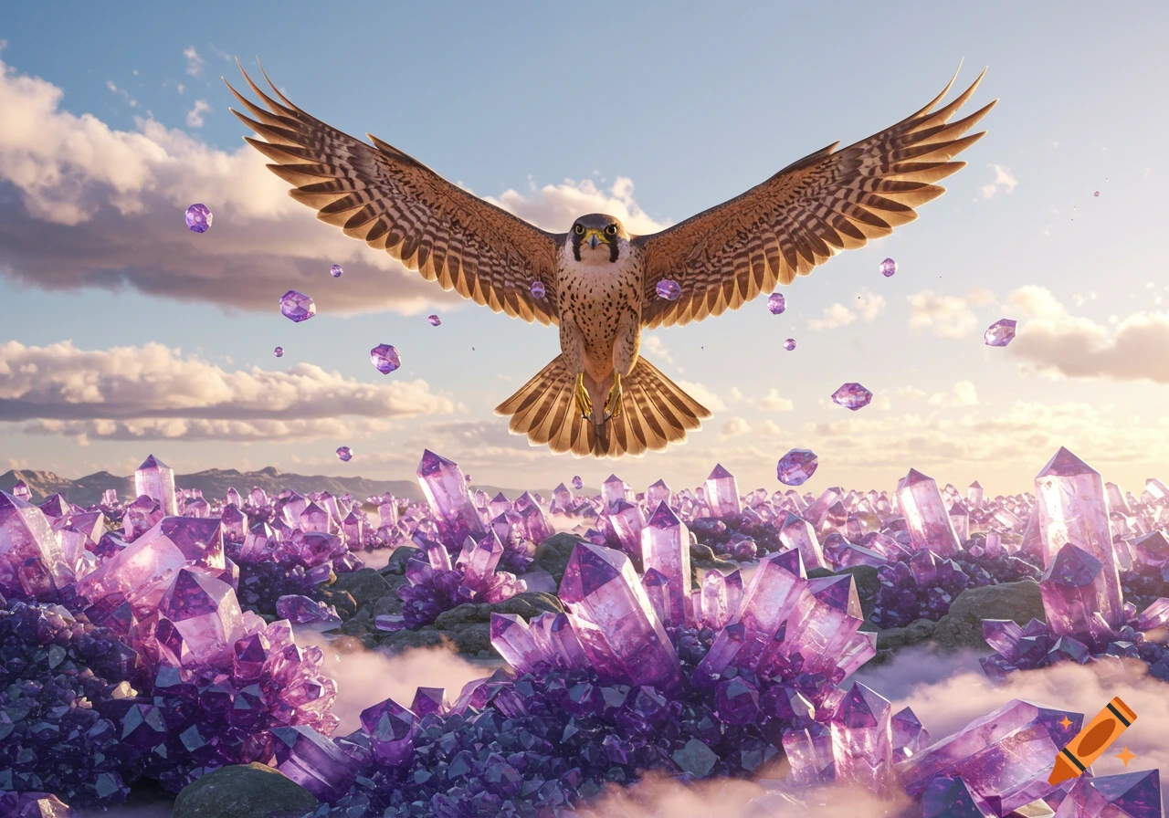 A photorealistic falcon with spread wings soars over a fantasy landscape filled with glowing purple amethyst crystals.