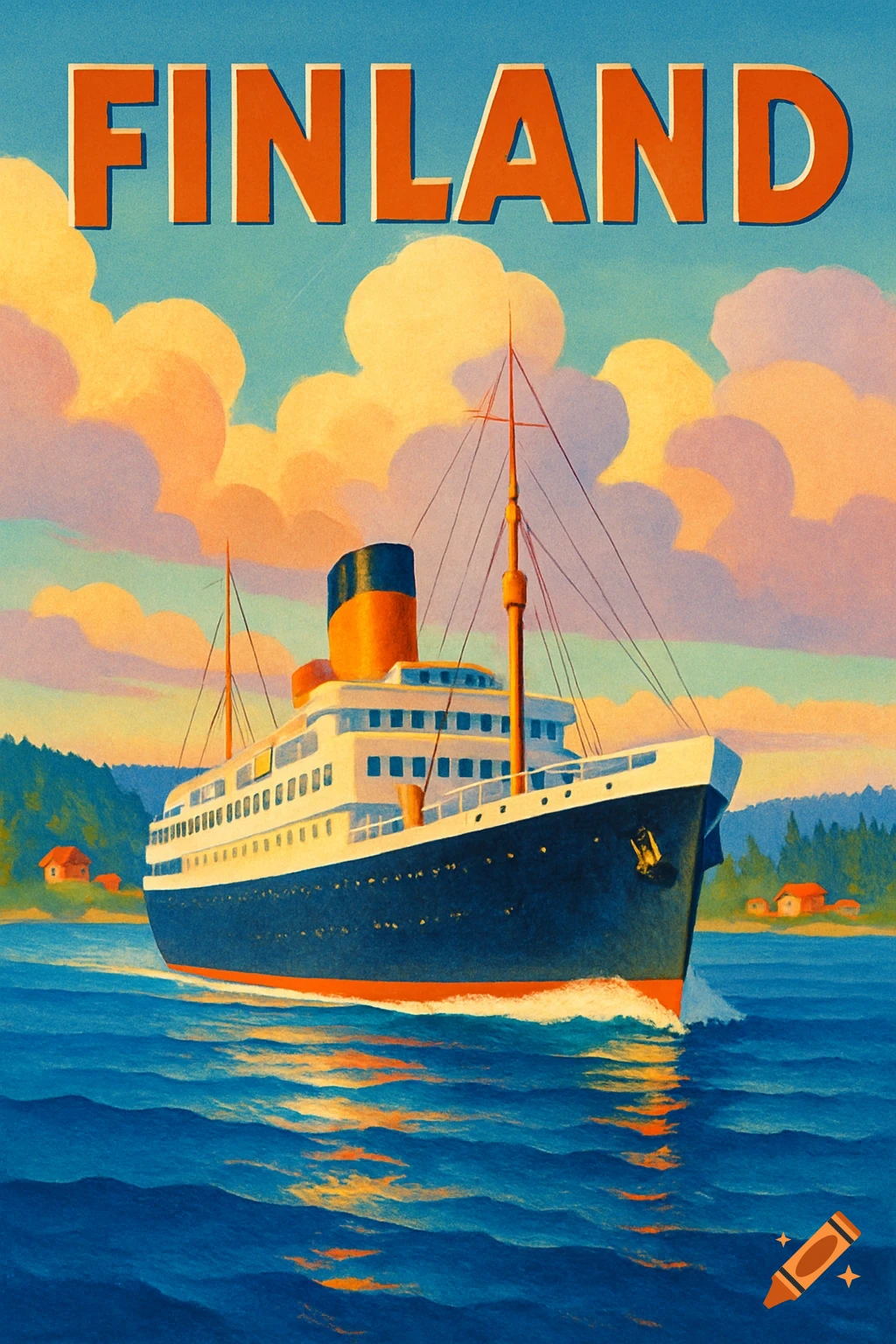 Vintage travel poster art of a cruise ship sailing on blue water past a green coast under a sky with orange clouds, with 'FINLAND' at the top.