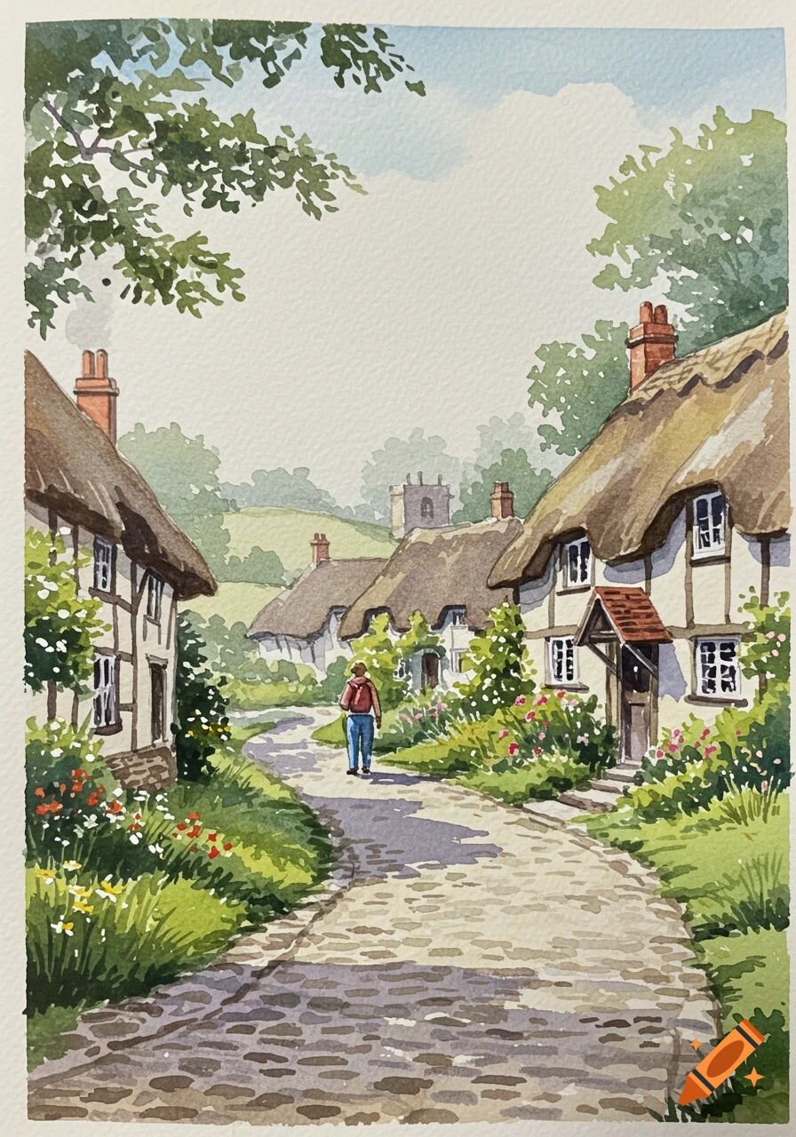 Watercolor painting of a person walking down a cobblestone lane past thatched-roof cottages in a charming country village.