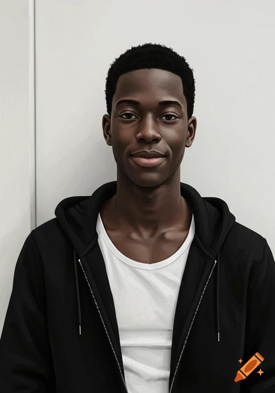 A realistic cartoon portrait of a young African American man with short black hair, wearing a black hoodie and white shirt, smiling in front of a white wall.