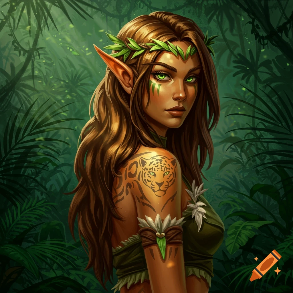 A close-up digital art portrait of a female wood elf druid with long brown hair, green eyes, a jaguar tattoo, and a leaf crown in a lush jungle.