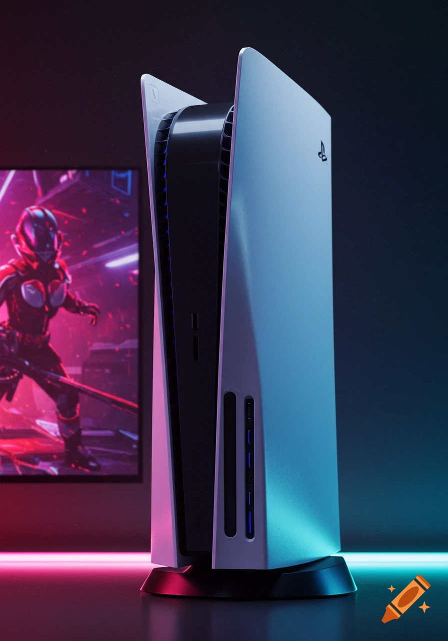 A white PlayStation 5 console stands vertically, illuminated by pink and blue neon lights, with a video game on a TV screen.