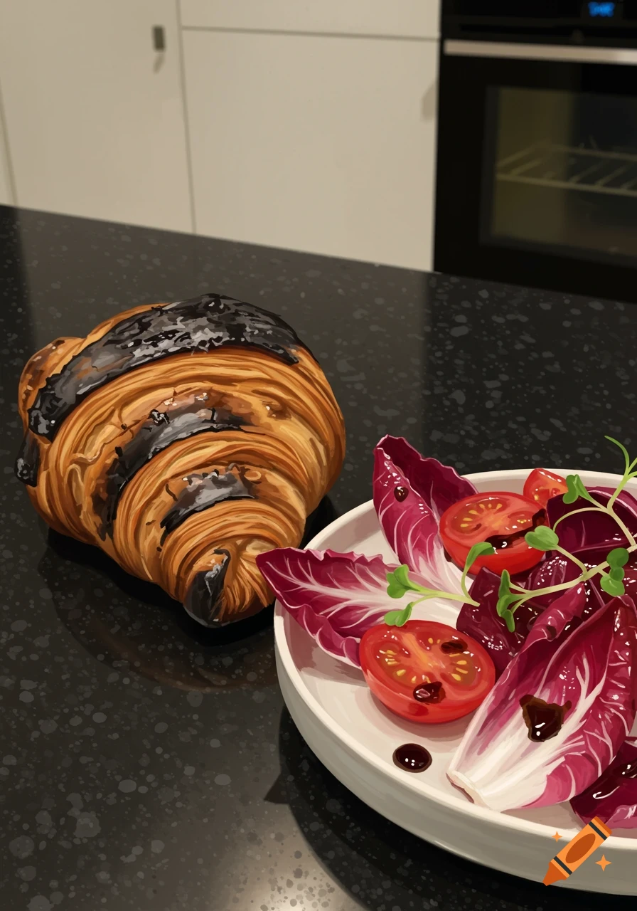 A dark chocolate croissant next to a white bowl of red radicchio, sliced tomatoes, and microgreens on a speckled black countertop.