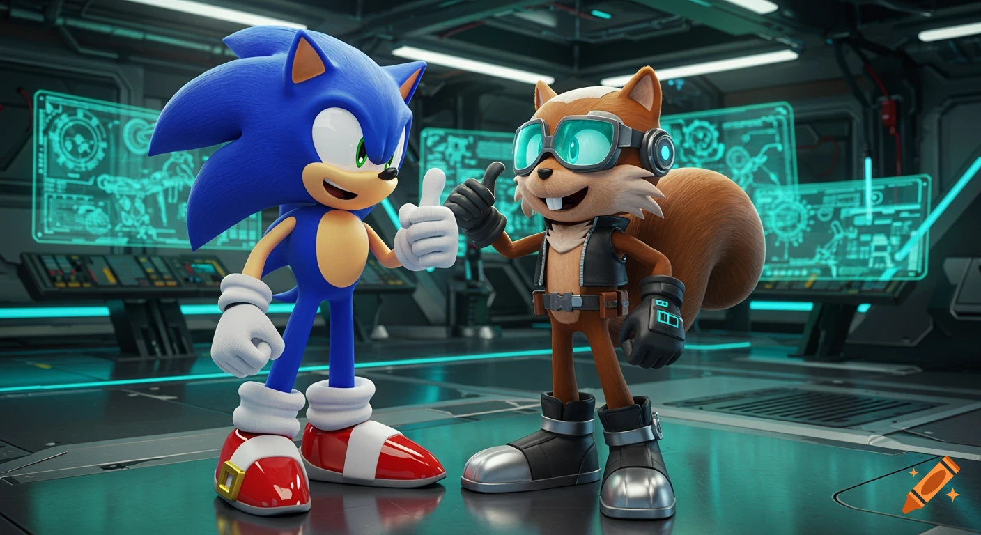 Sonic the Hedgehog and a tech-savvy squirrel character give thumbs up in a futuristic lab.