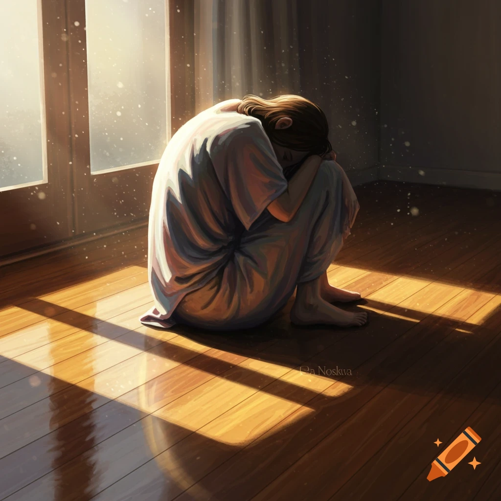 A person sits hunched on a sunlit wooden floor by a window, appearing sad or contemplative, in a digital art style.