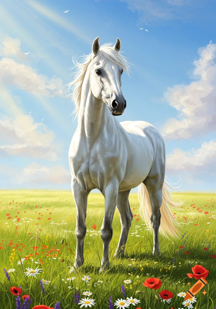 A majestic white horse stands in a sunlit meadow filled with colorful wildflowers under a blue sky, digital painting.