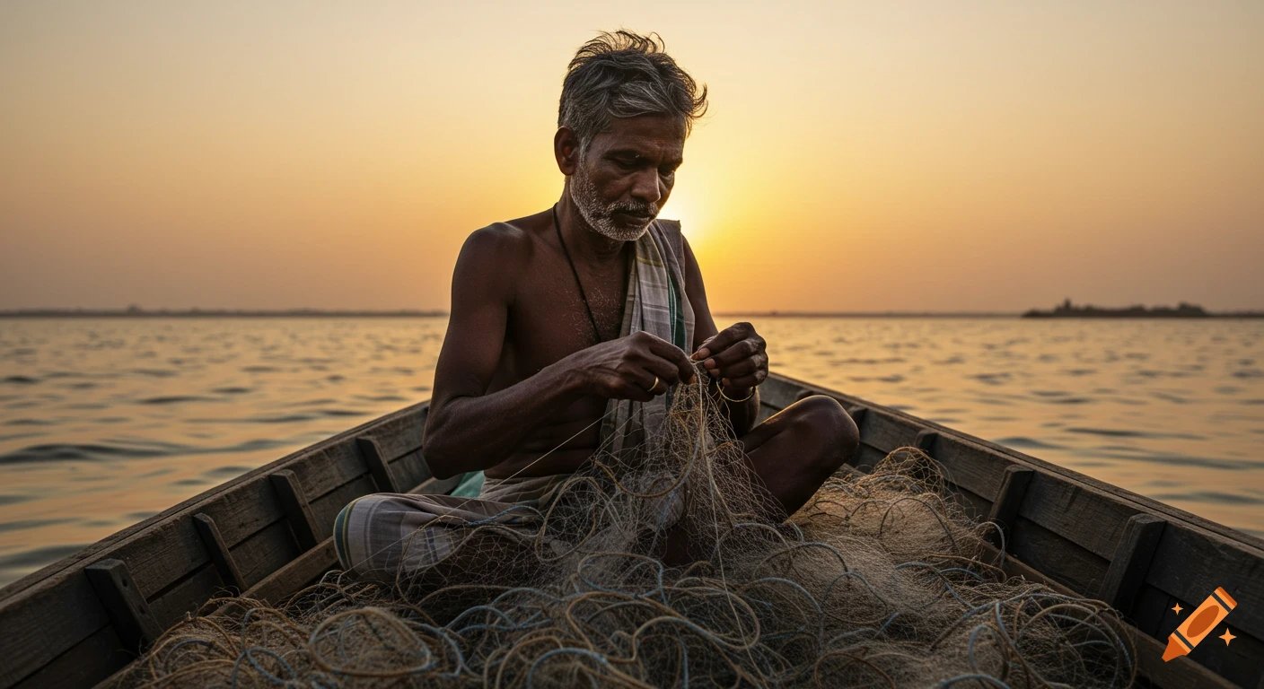 An older man mends a fishing net in his wooden boat on water at sunset, in a photorealistic style.