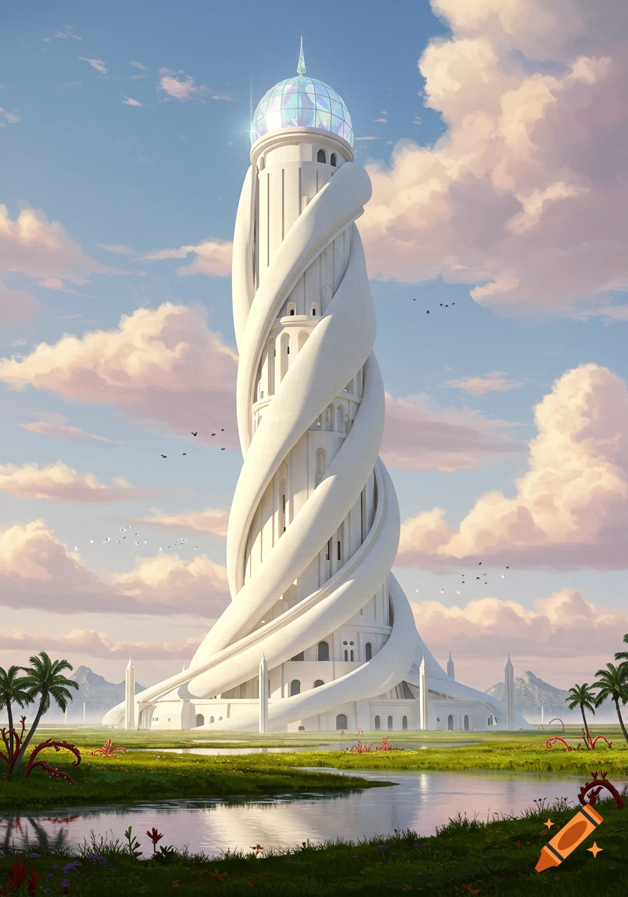 A tall, white, spiraling fantasy tower with a crystal dome stands in a green landscape with a river and palm trees under a cloudy sky.
