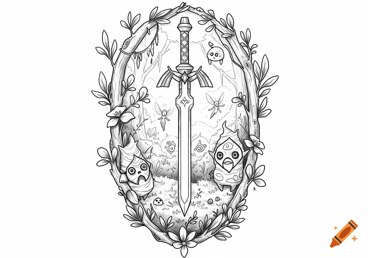 Black and white illustration of The Legend of Zelda Master Sword, two Koroks, and fairies within a leafy, oval frame.