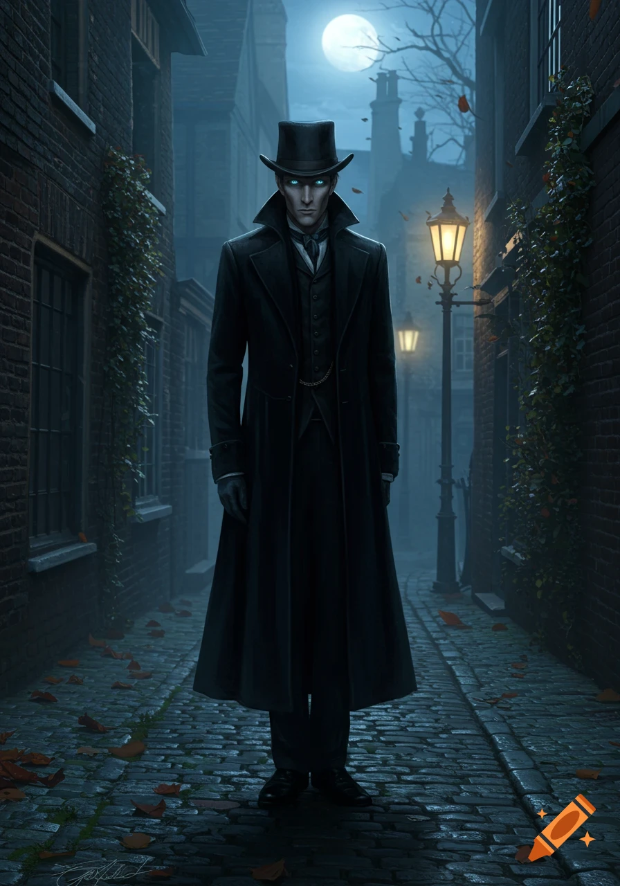 A man in a top hat and long black coat with glowing blue eyes stands in a dark, foggy cobblestone alley under a full moon. Digital art.