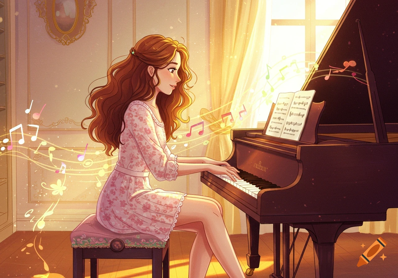 A smiling cartoon woman with long brown hair plays a grand piano, surrounded by floating musical notes in a warm, sunny room.
