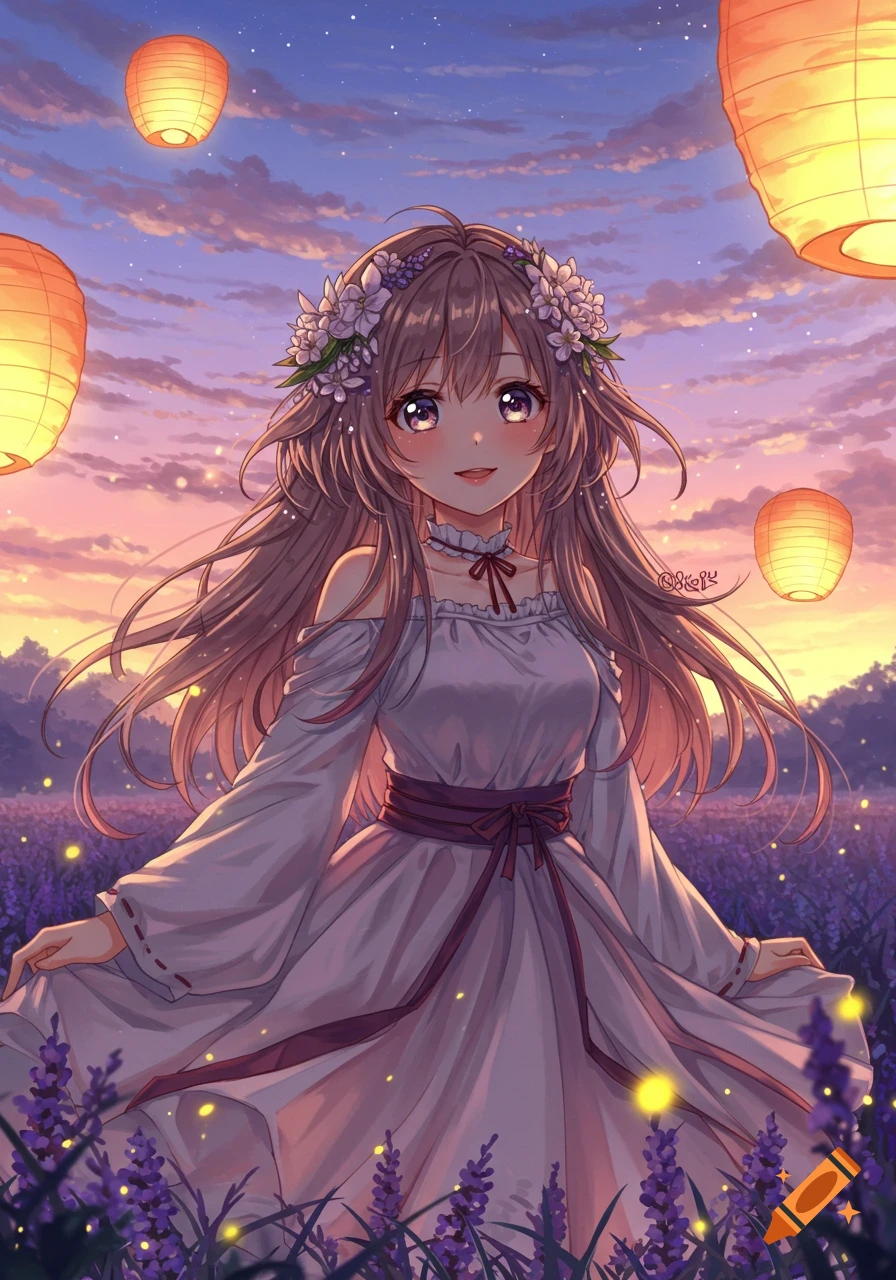Anime girl in white dress with flower crown in a lavender field at sunset with glowing lanterns.