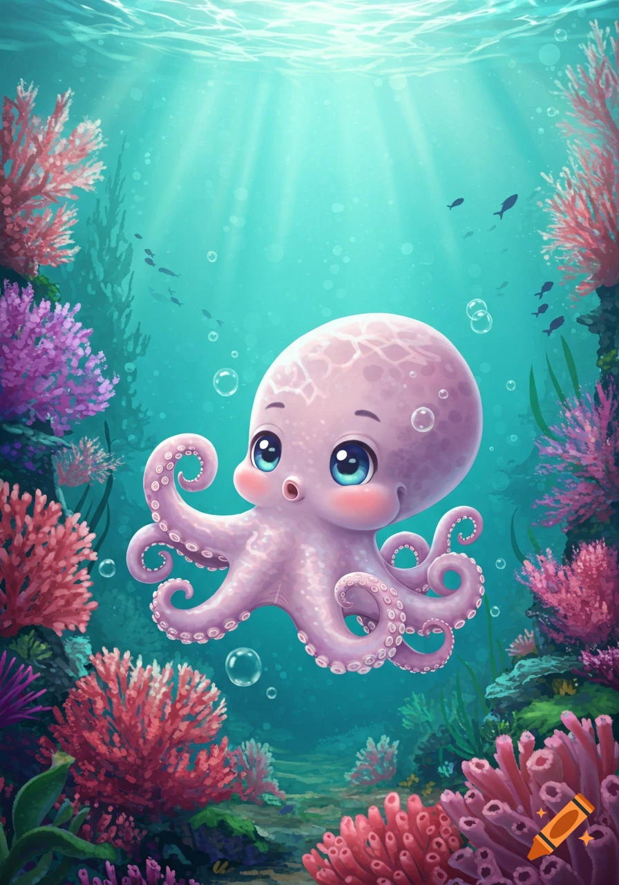 Cute pink baby octopus with big blue eyes swims in a vibrant underwater coral reef, cartoon illustration.